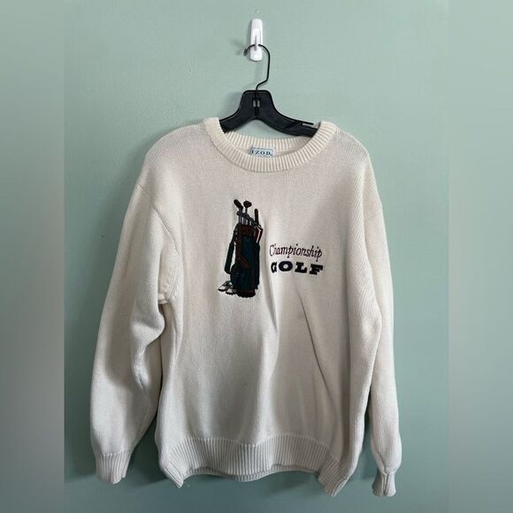 Izod Men’s Cream Championship Golf 100% Cotton Crew Neck Sweater SZ L - Picture 1 of 6